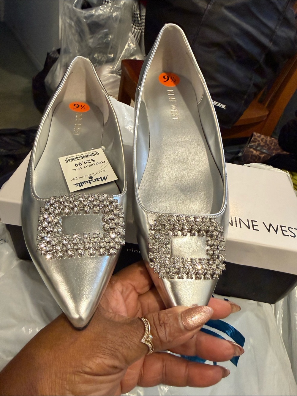 New Nine West Silver Pointed Toe Flats with Rhinestone Buckle